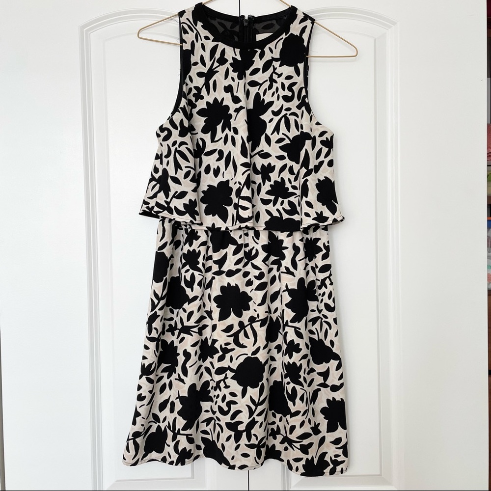 LOFT layered floral sleeveless dress in Black, white and cream, size 0P